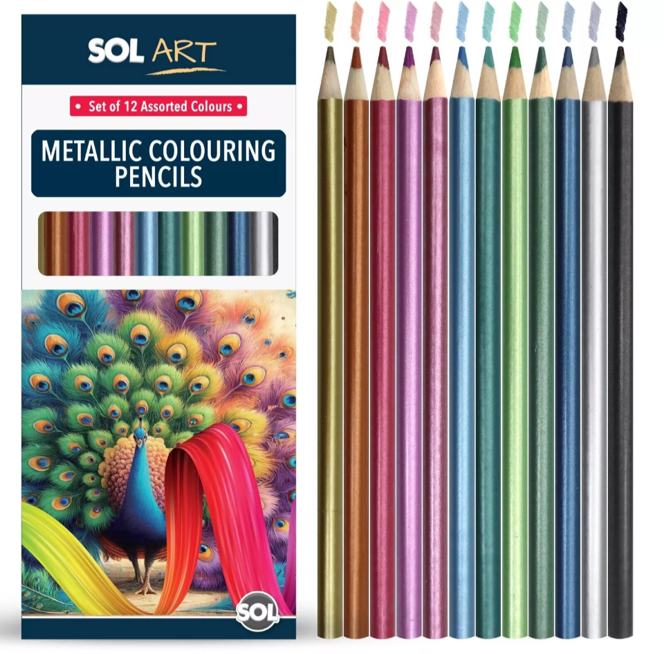 12 Metallic Pencils Intense Assorted Colours Drawing Colouring Artist Art Set