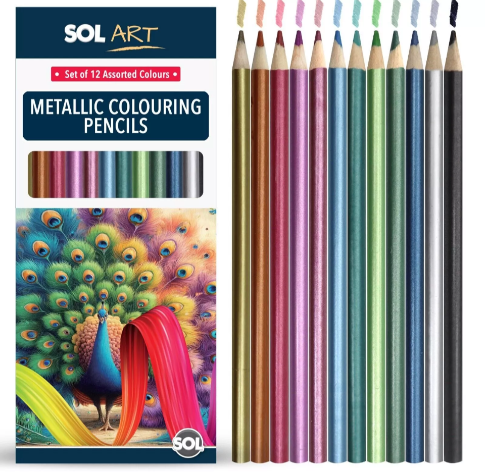 12 Metallic Pencils Intense Assorted Colours Drawing Colouring Artist Art Set