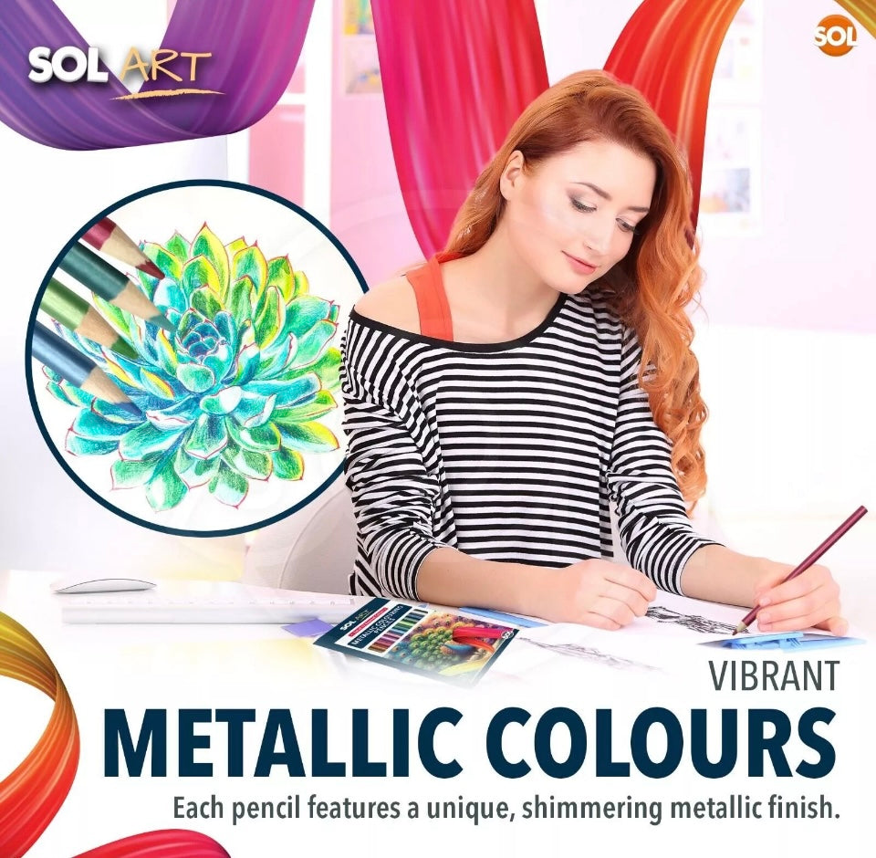 12 Metallic Pencils Intense Assorted Colours Drawing Colouring Artist Art Set