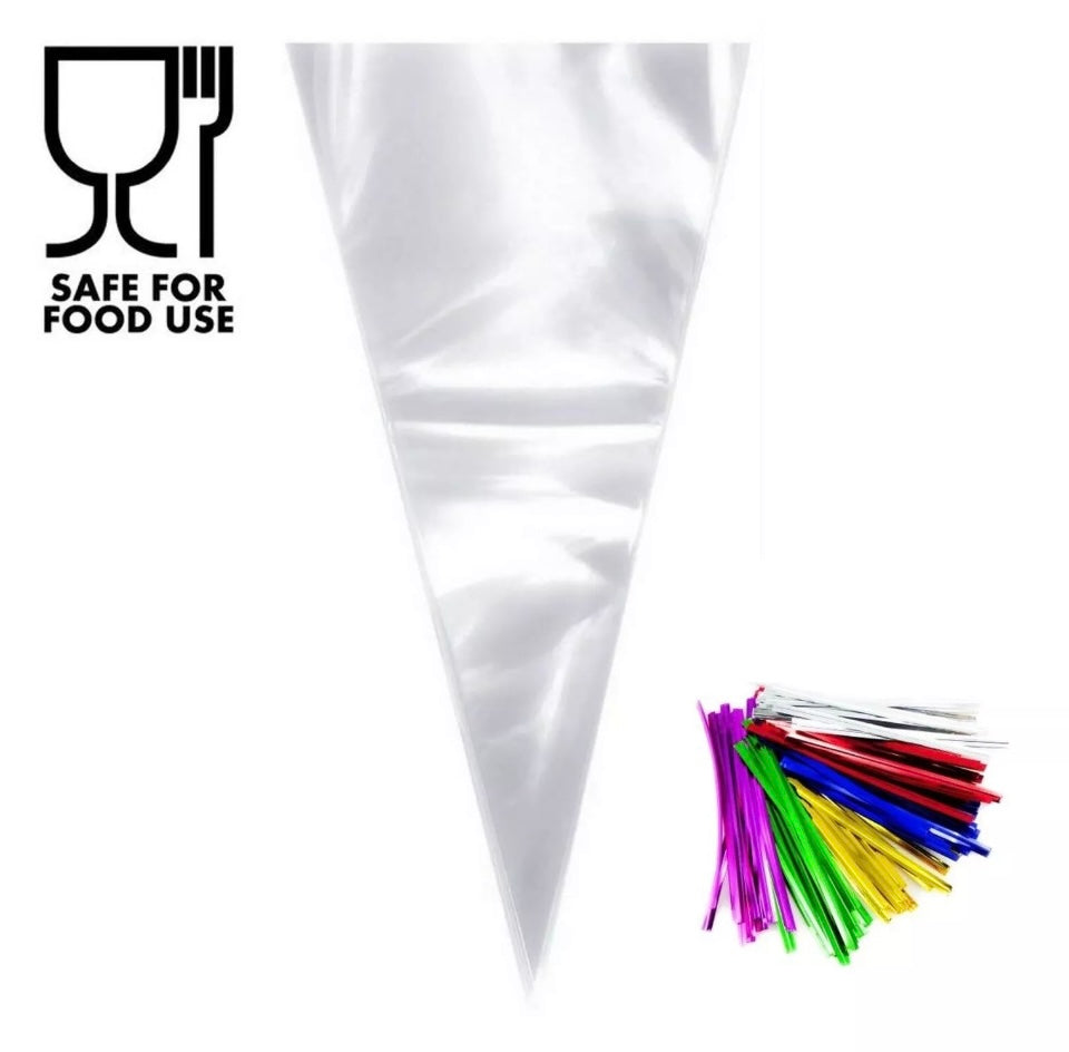 25 Clear Cellophane Cone Sweet Bags Cello Candy Birthday Kid Party Favour Gift Treat 7”x12” mixed metallic twists