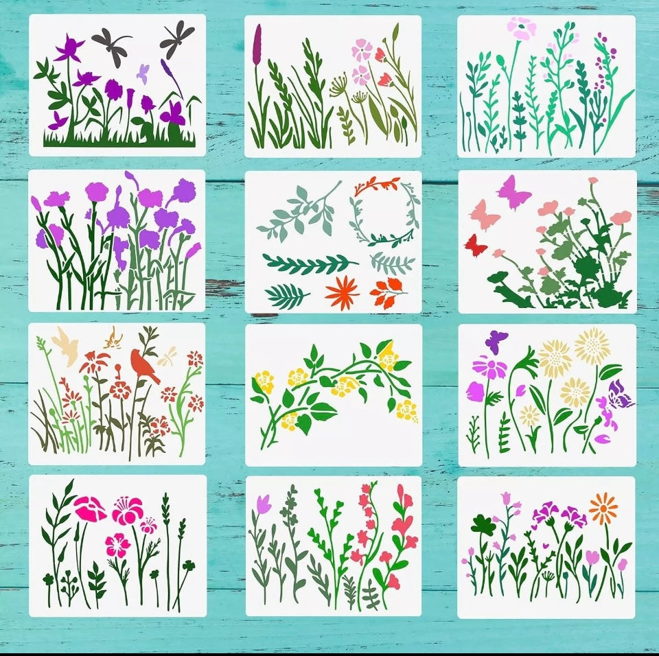 Prasacco 12 Pcs Wildflower Stencils for Painting, Flower Stencils Leaf Stencils