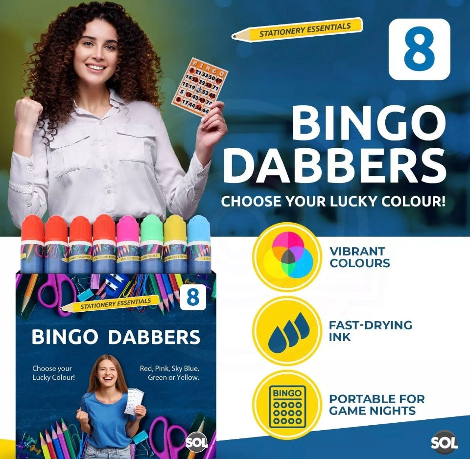 8 pk Bingo Dabbers Pens Marker Pack Non Drip Daubers Mixed Colours Ticket Game