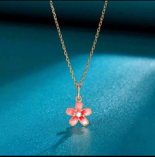 Rose Gold Cherry blossoms Pendant 925 Sterling Silver Necklace