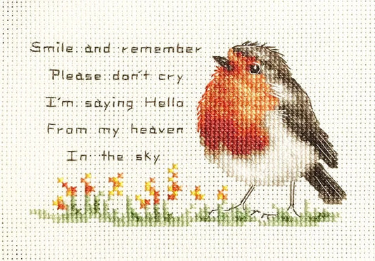 ROBIN 'SMILE + REMEMBER' poem, Counted cross stitch kit, Loss, Grief, Love, Hope