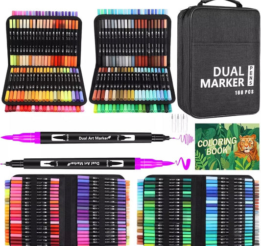 Sanyetral 168 Colouring Pens for Adults and Kids, Dual Tip Brush Pens, Felt Tips
