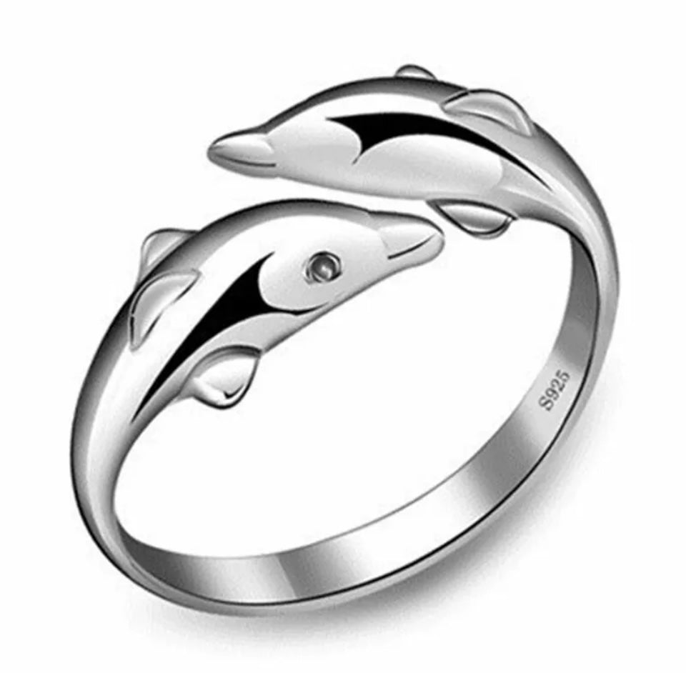 Womens Girls Dolphin Hug Adjustable Ring 925 Sterling Silver Jewellery Gift